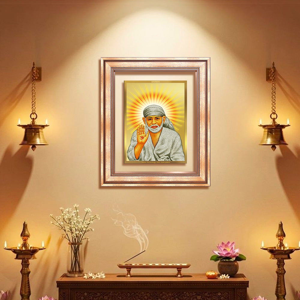 Diviniti 24K Gold Plated Sai Baba With Blessings (Classic) Divine Wall Frame for Home Mandir & Office Decor | Luxury Spiritual Gift