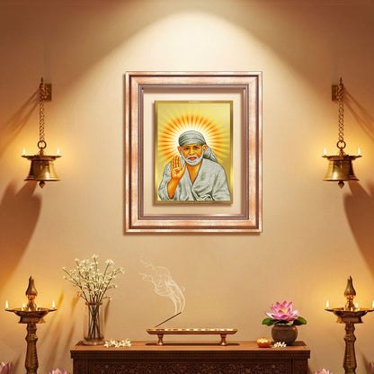 Diviniti 24K Gold Plated Sai Baba With Blessings (Classic) Divine Wall Frame for Home Mandir & Office Decor | Luxury Spiritual Gift