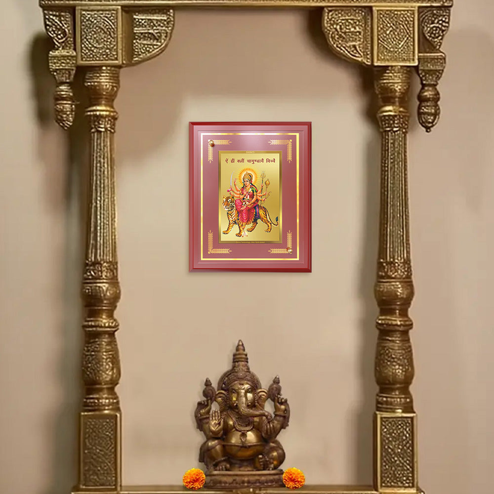 Diviniti 24K Gold Plated Durga Mata with Mantra Blessing Tabletop Photo Frame | Strength, Protection & Divine Grace
