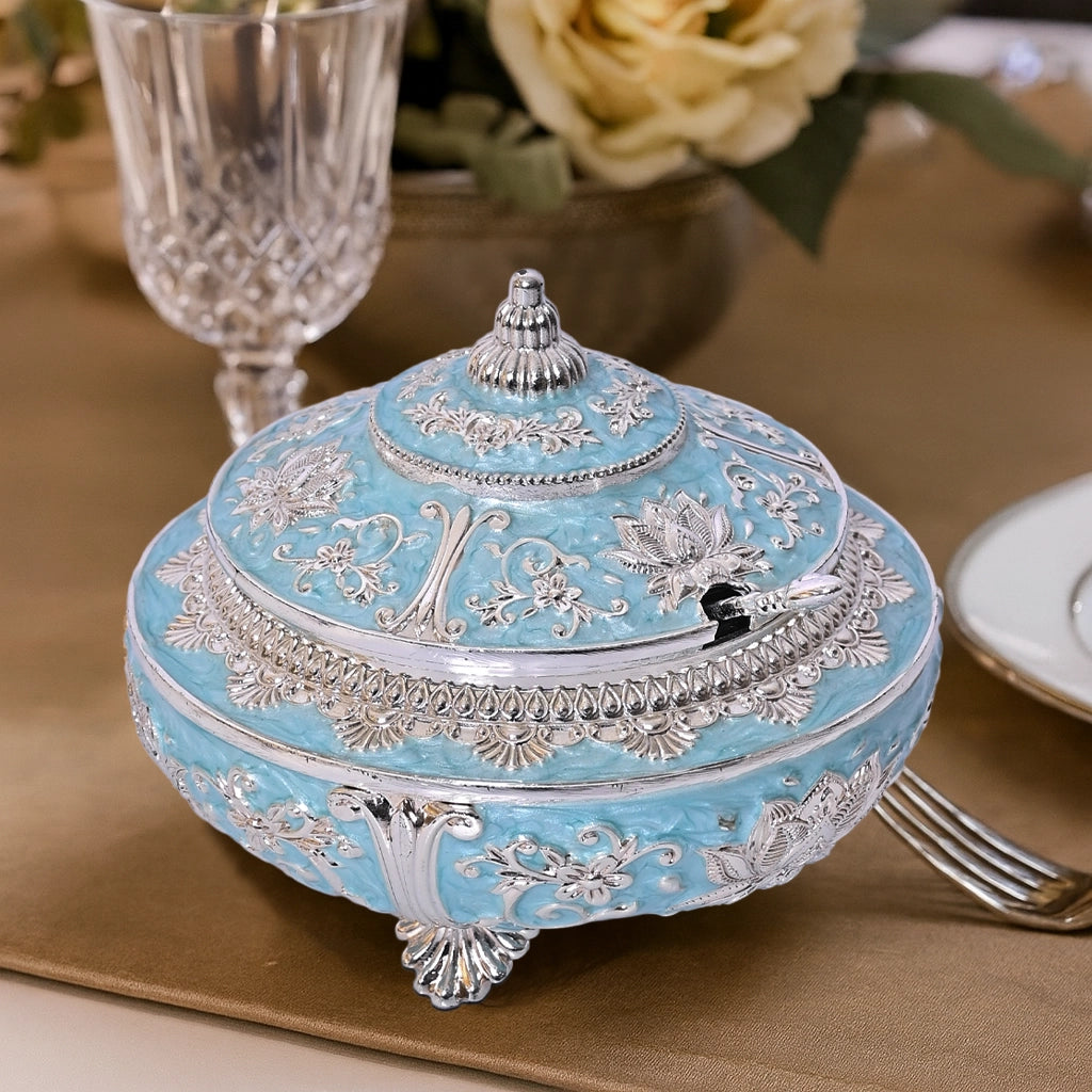 999 Silver Plated Sugar Bowl | Antique Finish Decorative Tabletop Blue Bowl for Decor and Gifting