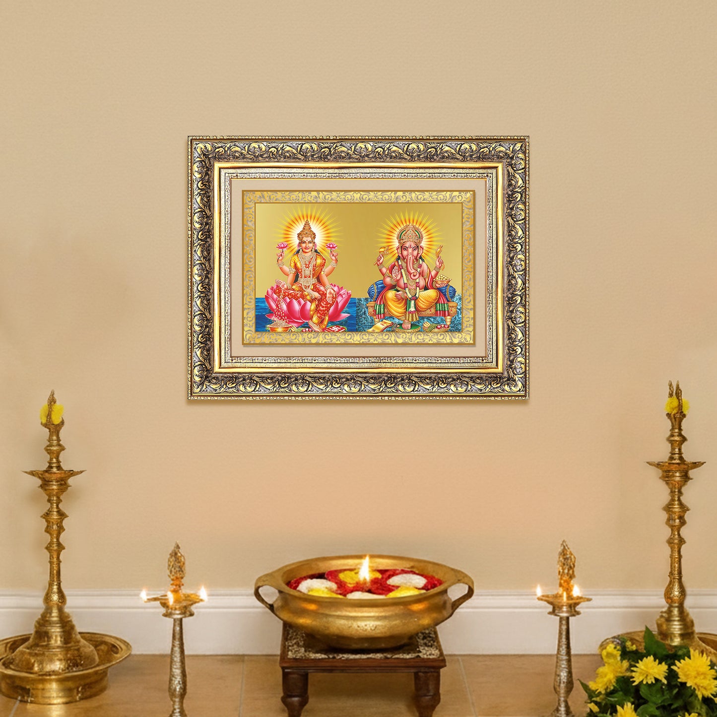 Diviniti 24K Gold Plated Lakshmi Ganesha (Classic) Divine Wall Frame for Home Mandir & Office Decor | Luxury Spiritual Gift