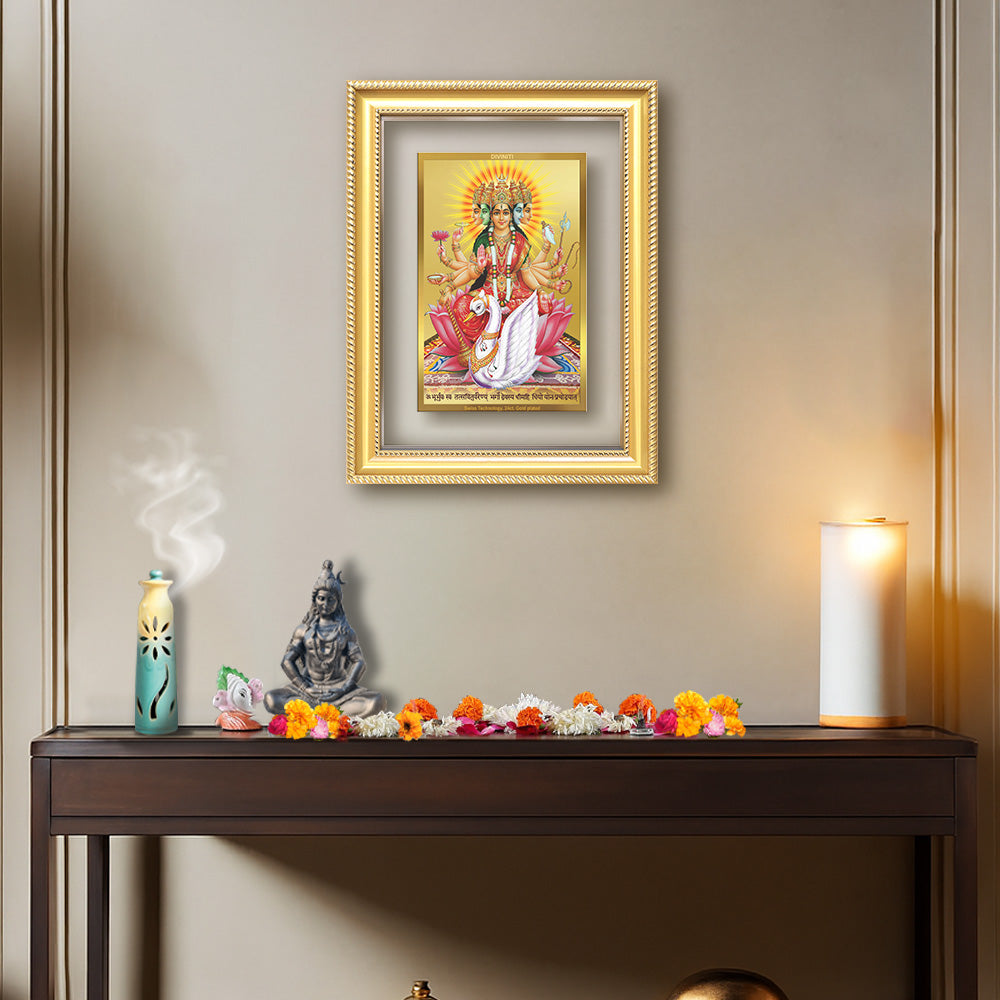 Diviniti 24K Gold Plated Gayatri Maa (Classic) Divine Wall Frame for Home Mandir & Office Decor | Luxury Spiritual Gift