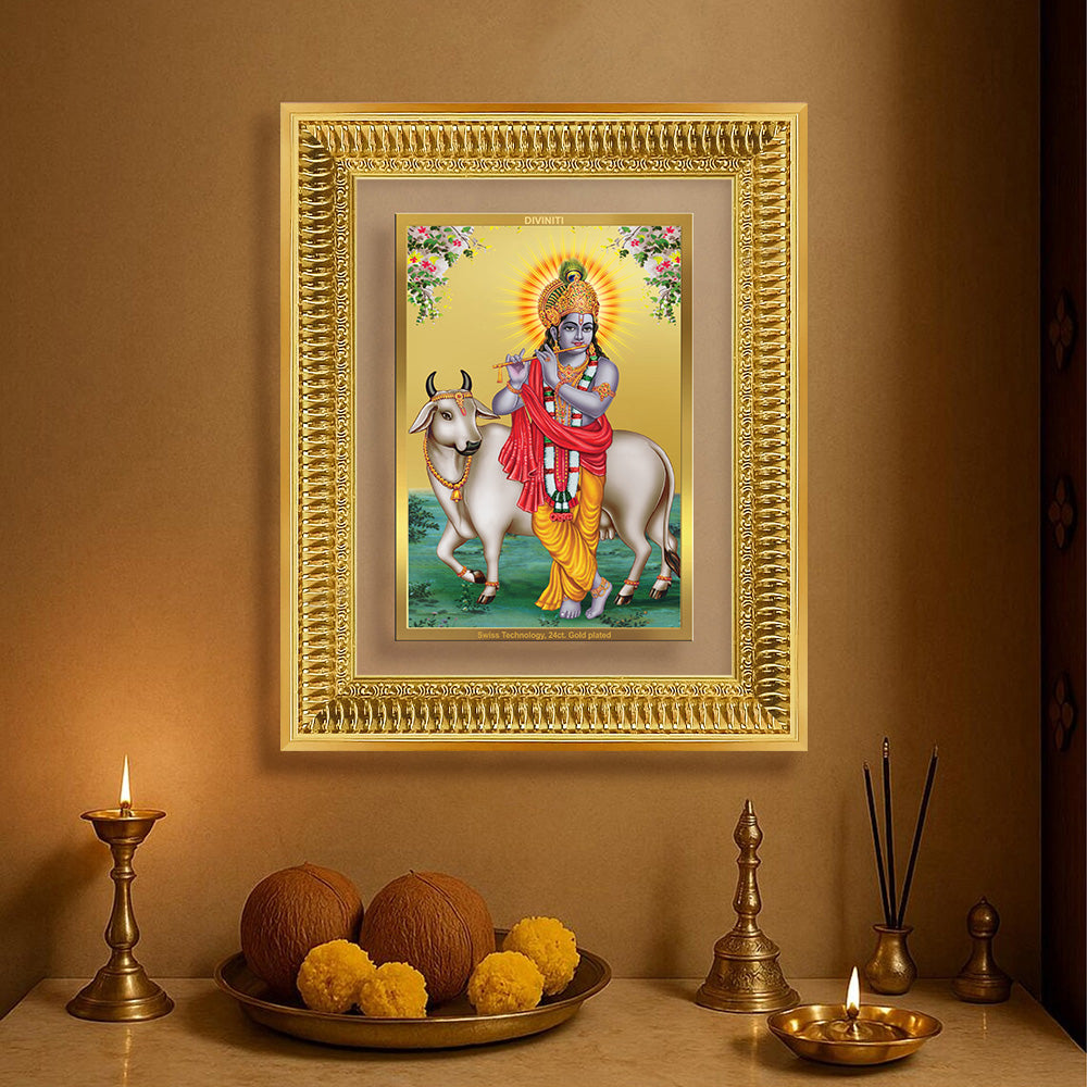 Diviniti 24K Gold Plated Krishna With Surbhi Cow (Classic) Divine Wall Frame for Home Mandir & Office Decor | Luxury Spiritual Gift