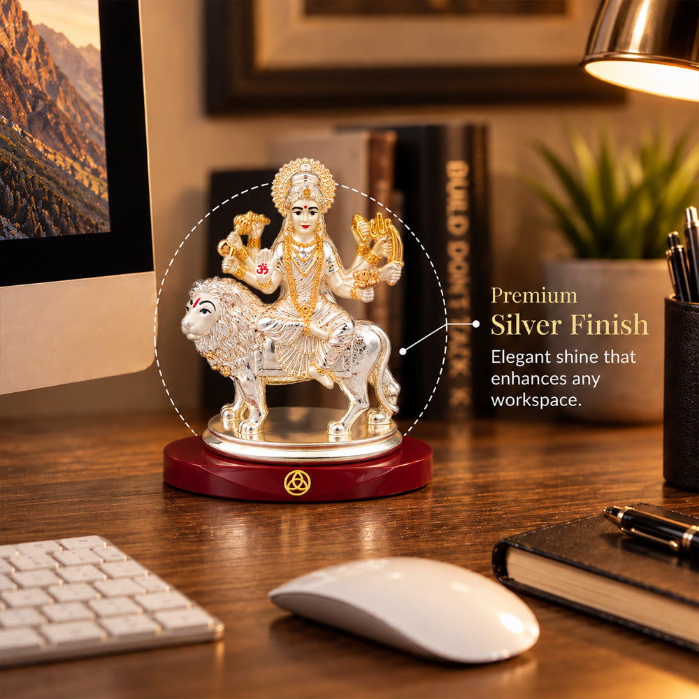 DIVINITI 999 Silver-Plated Sherawali Mata Idol | Car & Home Decor | Gift Box | 10x5 CM