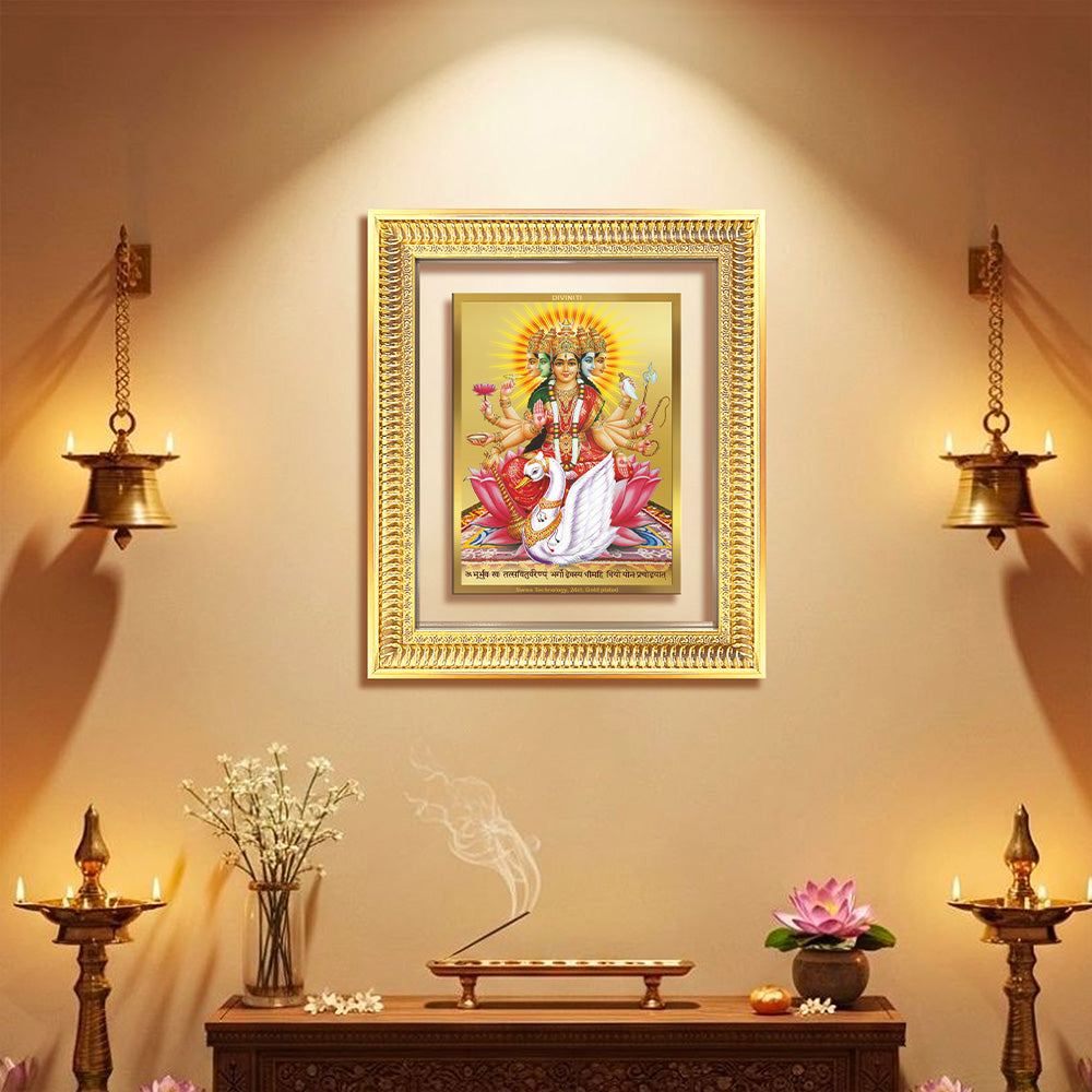 Diviniti 24K Gold Plated Gayatri Maa (Classic) Divine Wall Frame for Home Mandir & Office Decor | Luxury Spiritual Gift