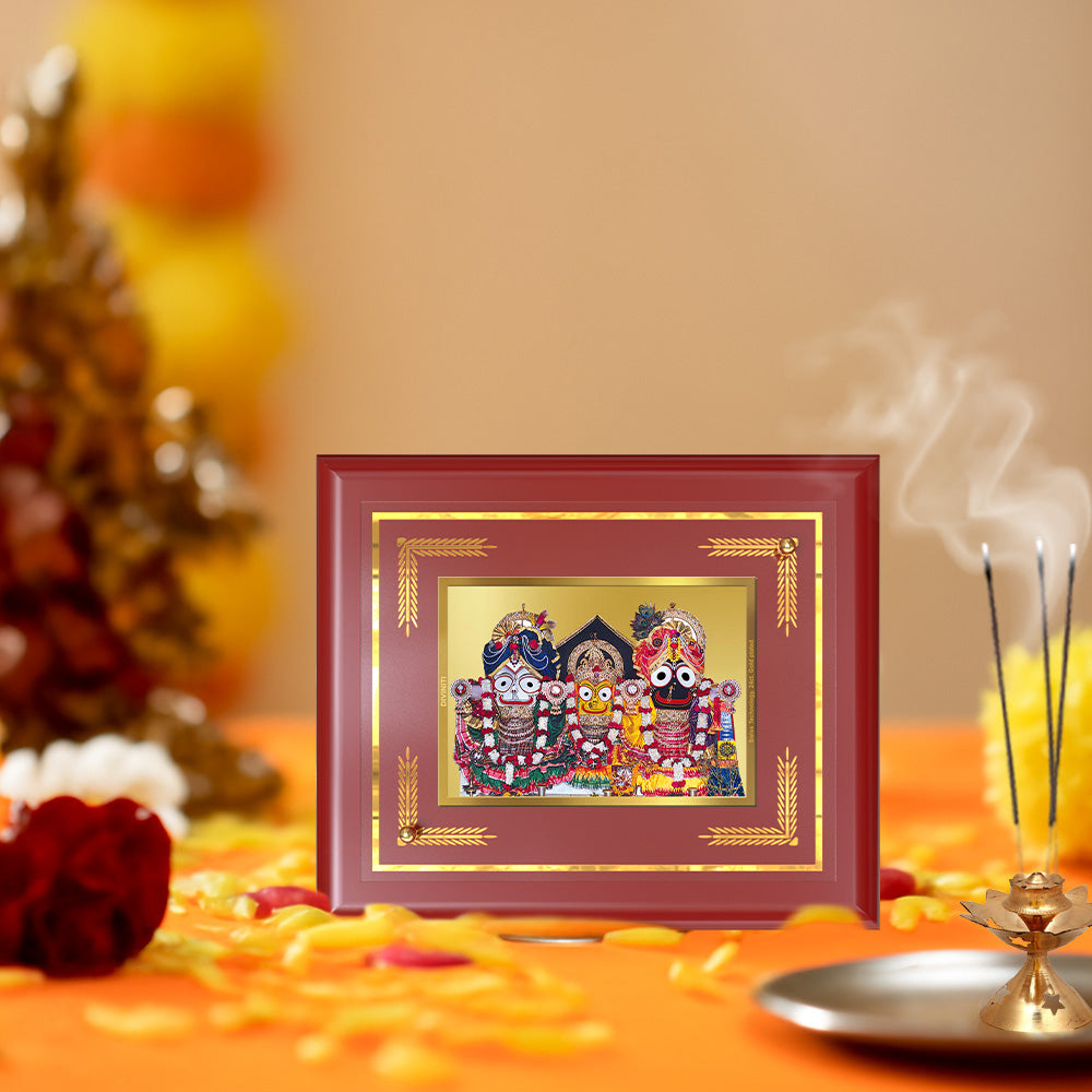 Diviniti 24K Gold Plated Lord Jagannath, Subhadra & Balabhadra Blessing Tabletop Photo Frame | Divine Protection, Harmony & Spiritual Grace