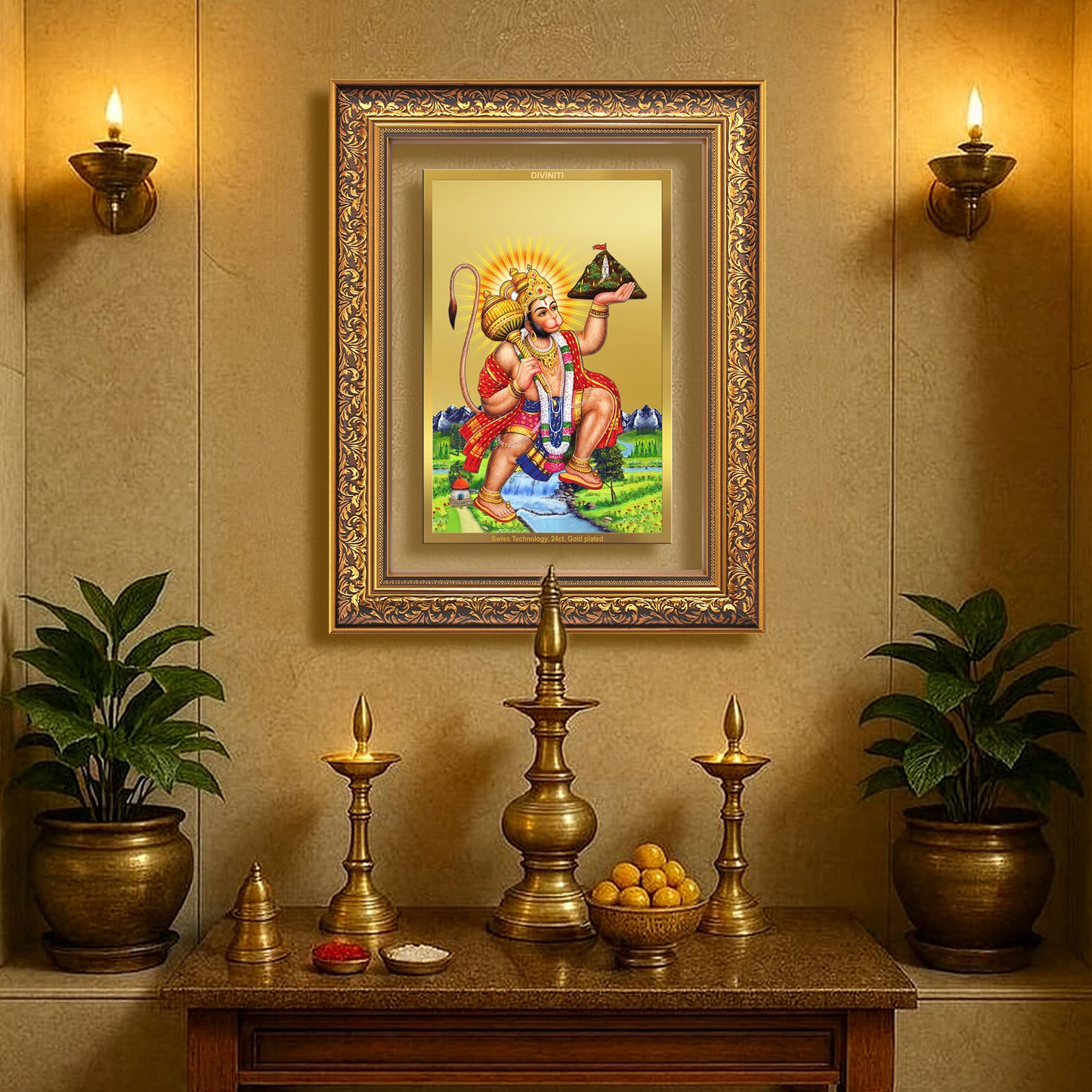 Diviniti 24K Gold Plated Hanuman With Mountain (Classic) Divine Wall Frame for Home Mandir & Office Decor | Luxury Spiritual Gift