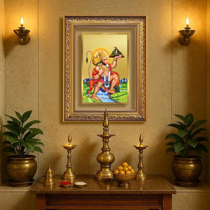 Diviniti 24K Gold Plated Hanuman With Mountain (Classic) Divine Wall Frame for Home Mandir & Office Decor | Luxury Spiritual Gift