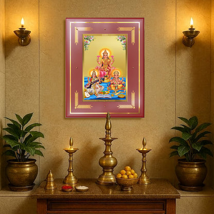 Goddess Lakshmi, Saraswati & Lord Ganesha | Divine Trio Wall Mount Photo Frame in 24K Gold Plated Foil