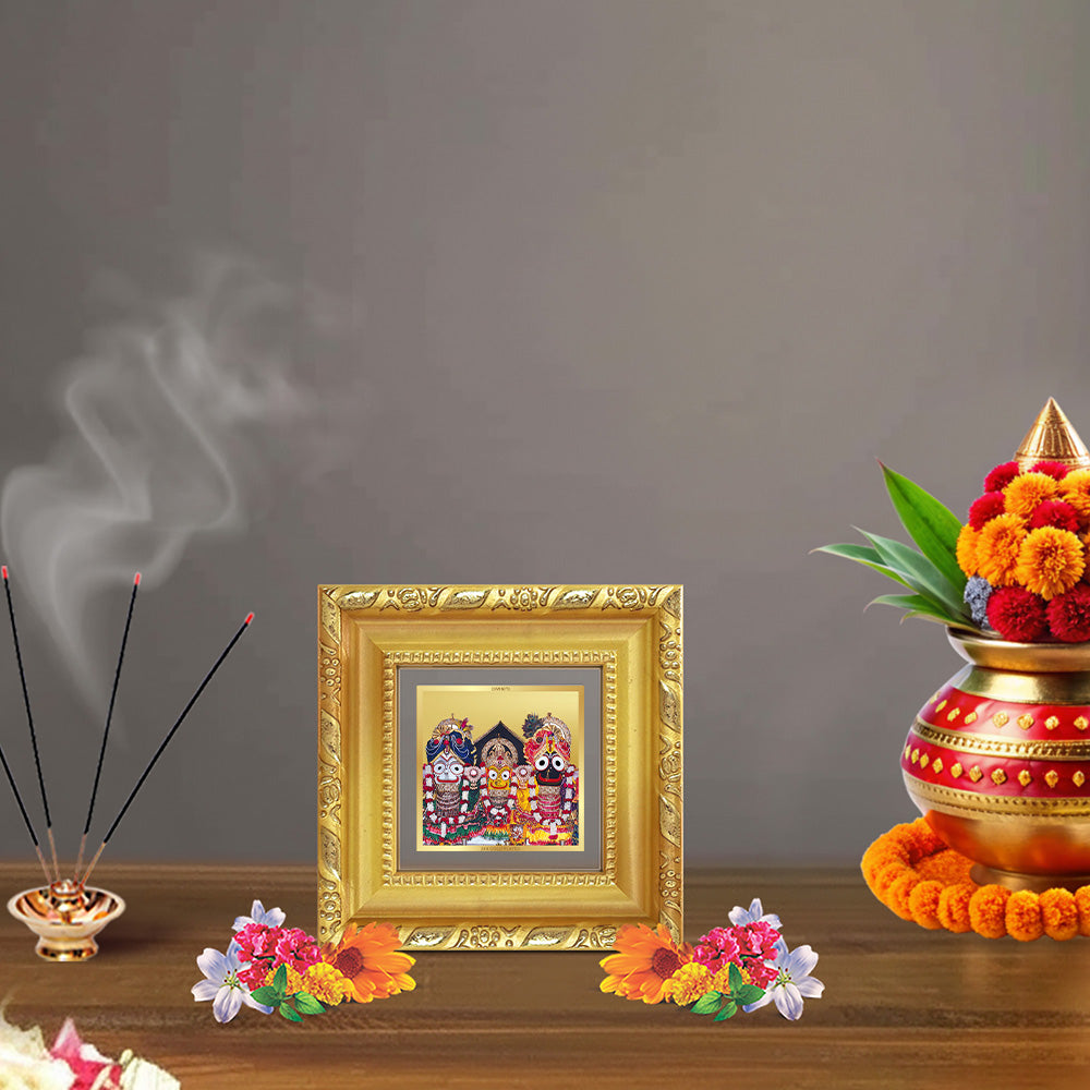 Diviniti Jagannath Subhadra Balabhadra Tabletop Photo Frame in 24K Gold Plated Foil | Divine Trinity, Protection & Spiritual Bliss | DG103S1A (10x10 CM)