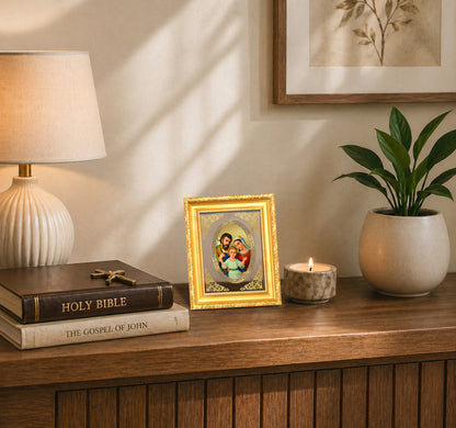 Holy Family (Jesus, Mary & Joseph) Divine Love & Unity Sacred Royal Tabletop Frame in 24K Gold Plated Foil