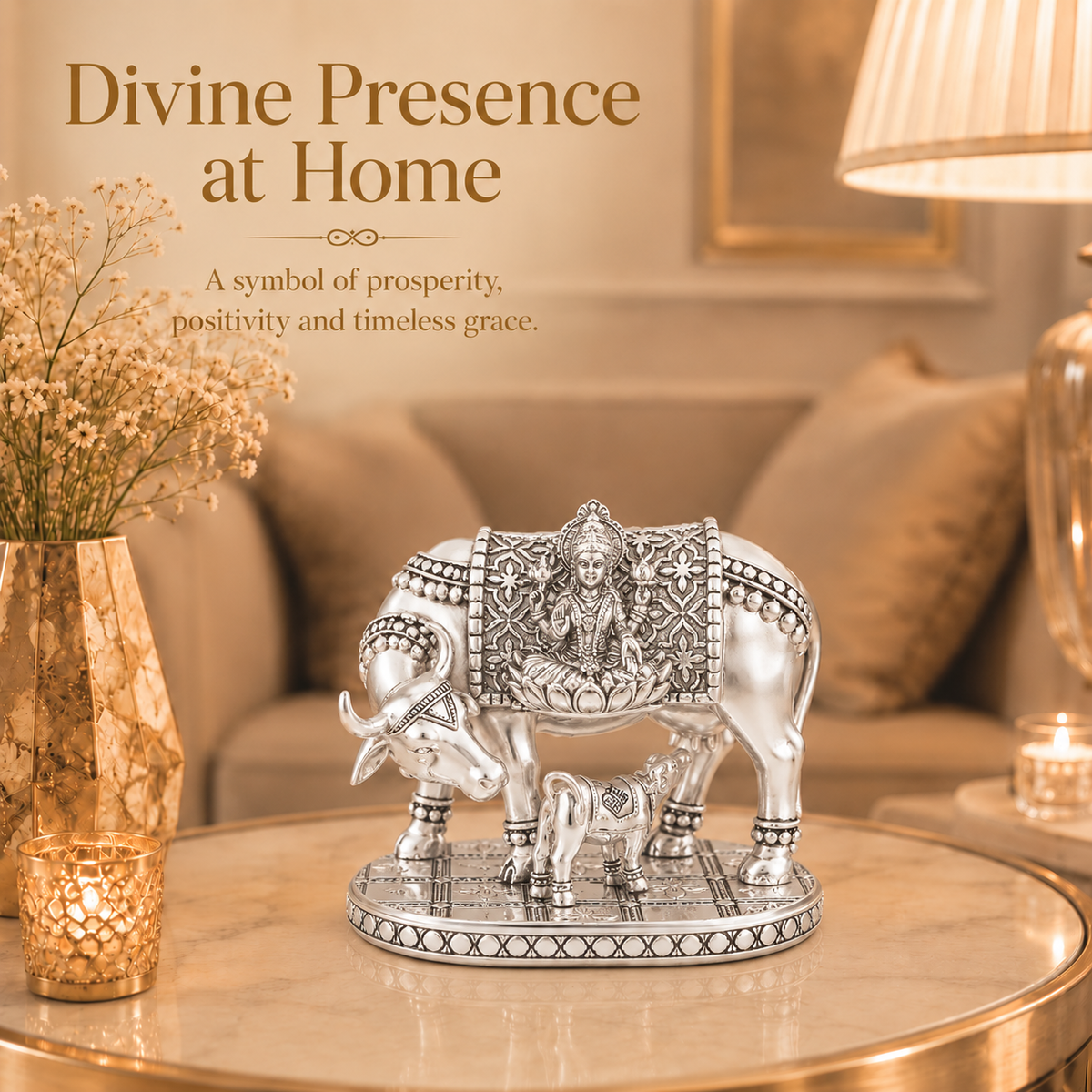 999 Silver-Plated Kamdhenu Cow Idol | Premium Gift Box | 8x10 CM