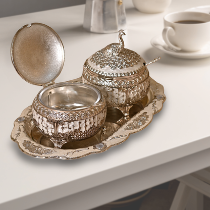 Diviniti Vintage Silver Plated Dry Fruit Peacock Container Box Set Sugar Bowl with Serving Tray Traditional Parties for Luxury Home Decor, Tabletop & Gift