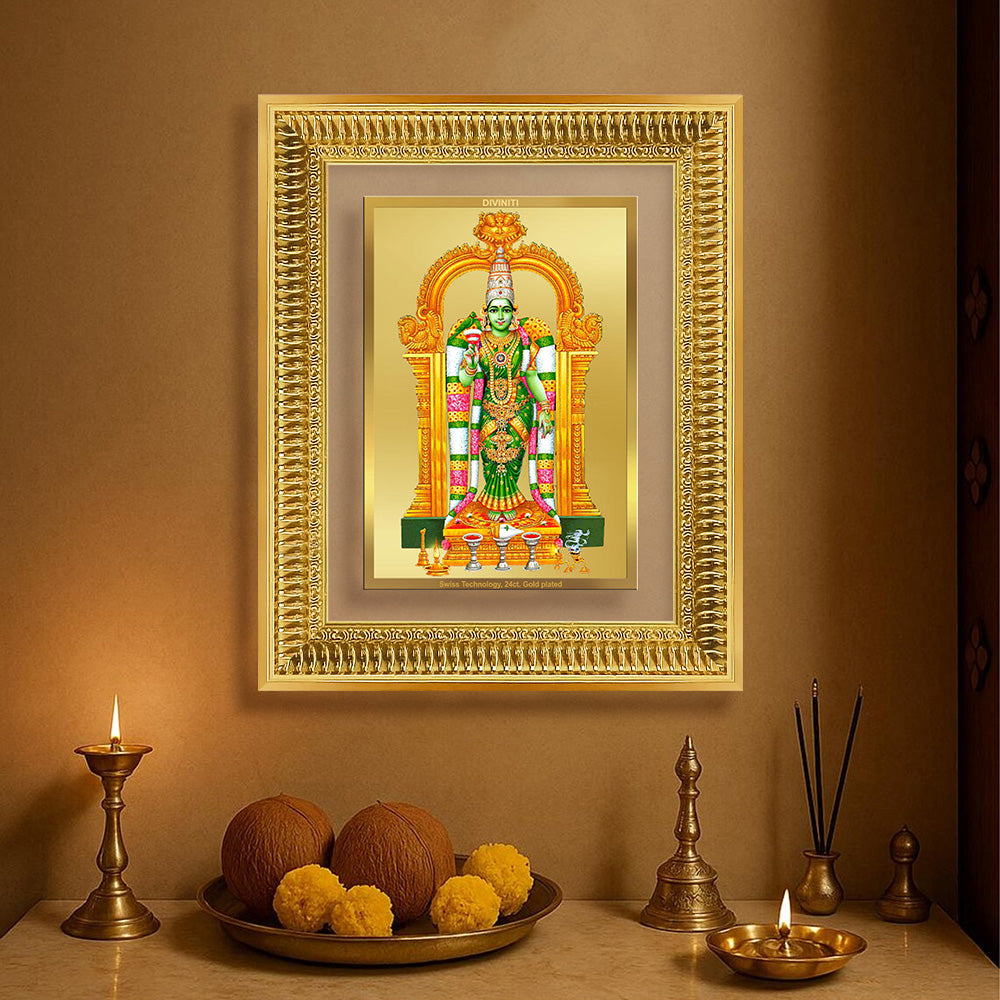 Diviniti 24K Gold Plated Meenakshi Amman (Classic) Divine Wall Frame for Home Mandir & Office Decor | Luxury Spiritual Gift