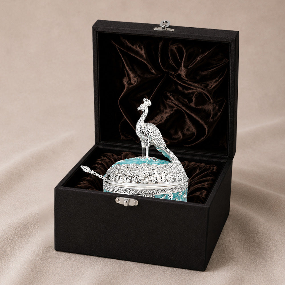 Diviniti German Silver Peacock Sugar Bowl with Spoon in luxury gift box with turquoise blue finish