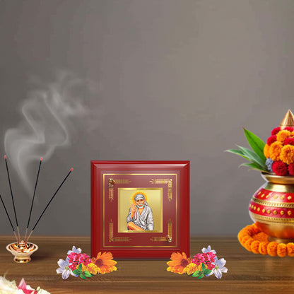 Sai Baba with Blessings | Shirdi Sai Baba 24K Gold Plated Divine Photo Frame for Home Décor, Tabletop & Office | Blessings of Faith, Peace & Protection (MDF1A)
