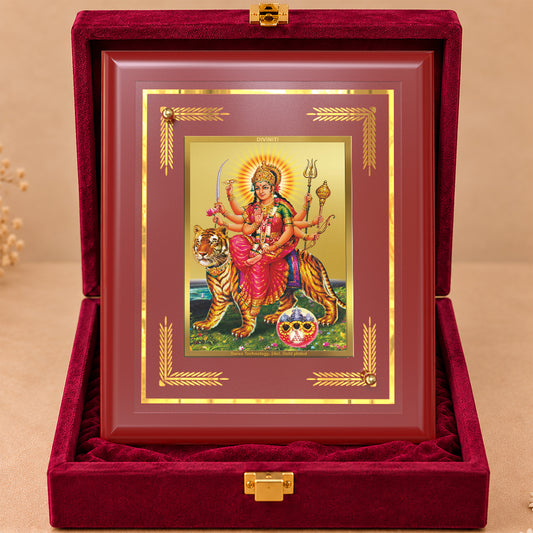 24K Gold-Plated Sherawali Mata with Pindi MDF Frame | Gift Box | 13.5x16 CM