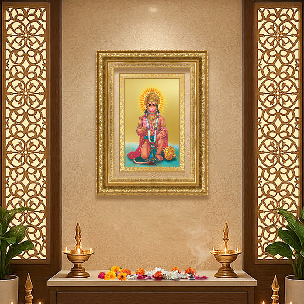 Diviniti 24K Gold Plated Ashirwad Hanuman (Classic) Divine Wall Frame for Home Mandir & Office Decor | Luxury Spiritual Gift