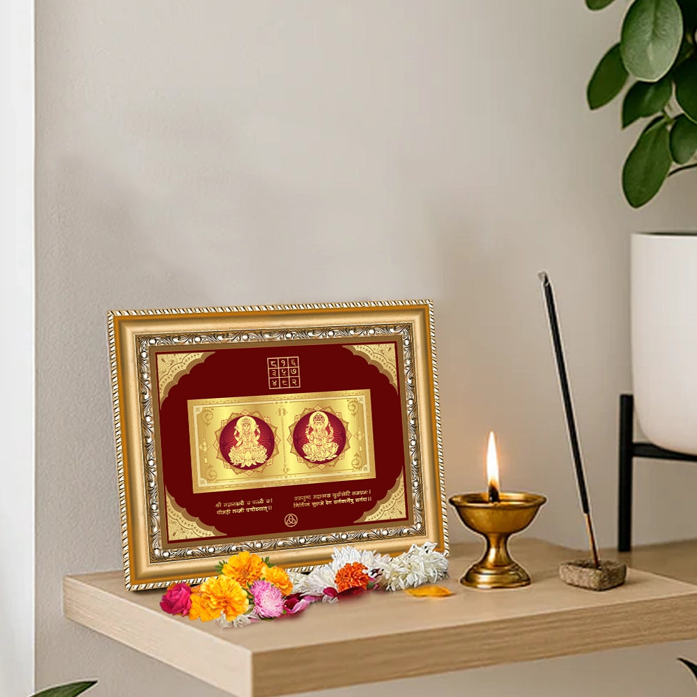 Lakshmi Ganesh with Mantra frame in 24k gold plated foil displayed on wooden shelf