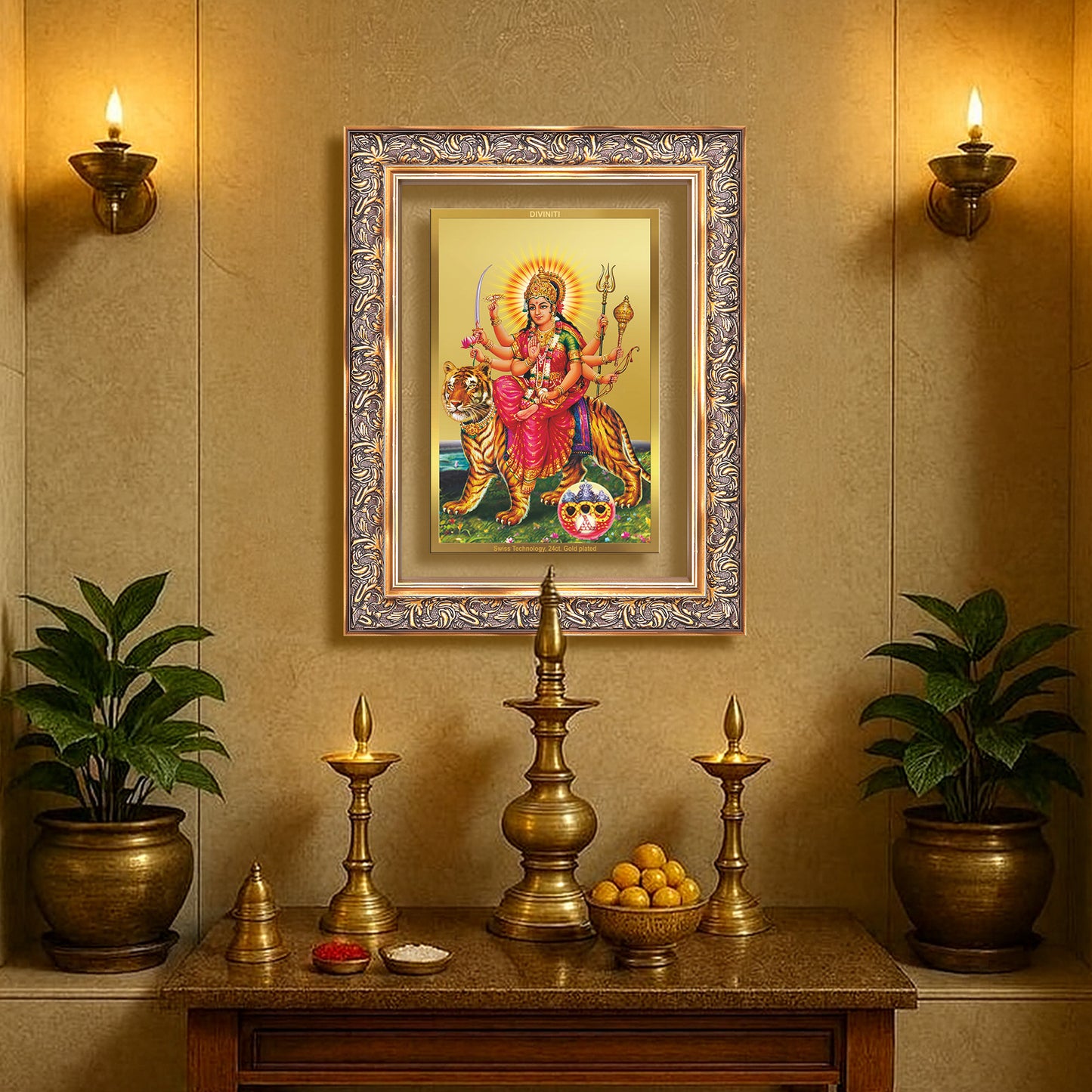 Durga Sherawali Mata with Pind | Divine Wall Mount Photo Frame in 24K Gold Plated Foil