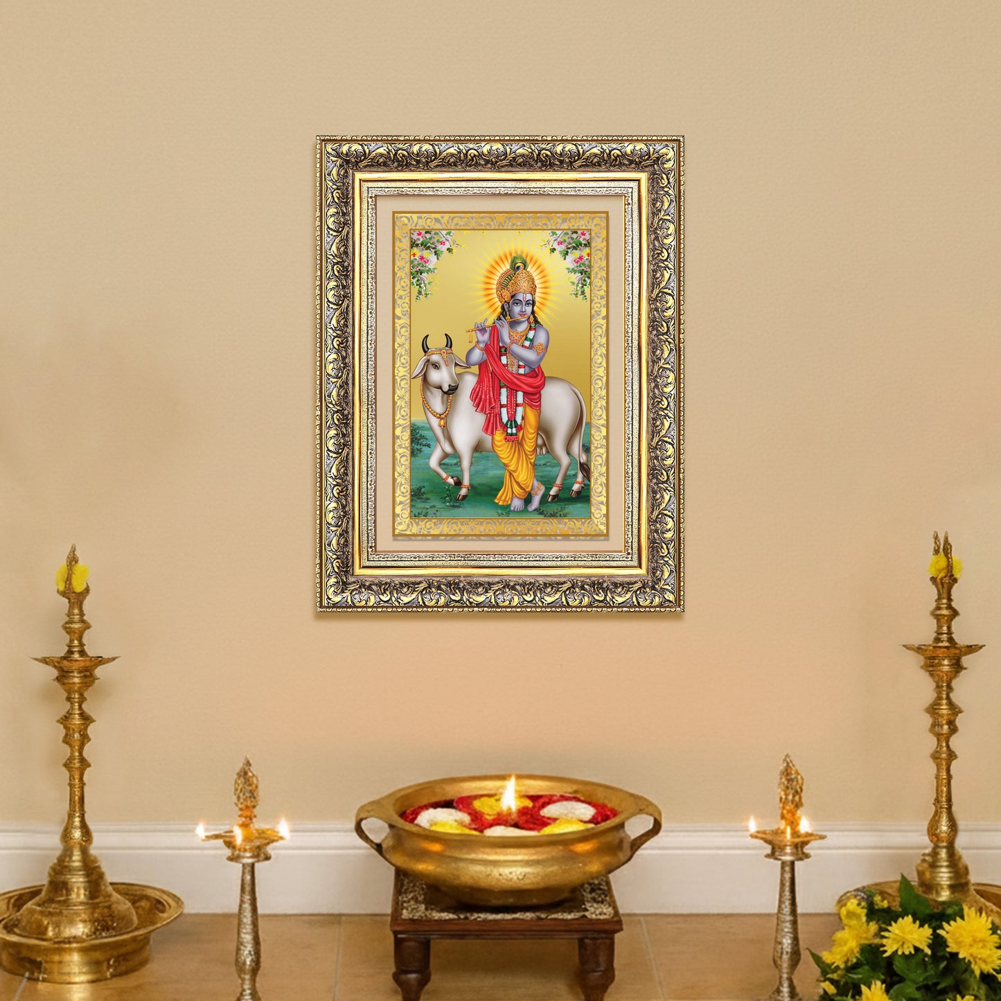 Diviniti 24K Gold Plated Krishna With Surbhi Cow (Classic) Divine Wall Frame for Home Mandir & Office Decor | Luxury Spiritual Gift
