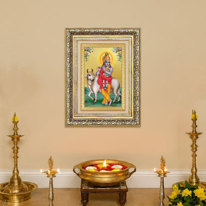 Diviniti 24K Gold Plated Krishna With Surbhi Cow (Classic) Divine Wall Frame for Home Mandir & Office Decor | Luxury Spiritual Gift