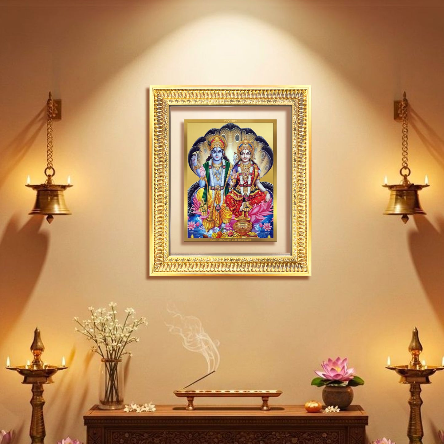 Diviniti 24K Gold Plated Vishnu Lakshmi (Classic) Divine Wall Frame for Home Mandir & Office Decor | Luxury Spiritual Gift