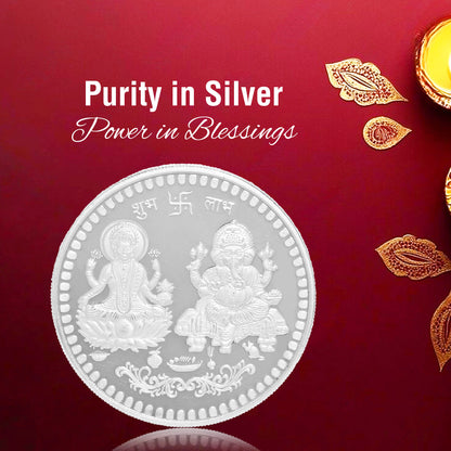 DIVINITI Pure Silver Coin Featuring Laxmi Ganesh & Om A Sacred Symbol of Prosperity and Spirituality for Home & Office Décor, Puja Room Diwali Gift (100g)