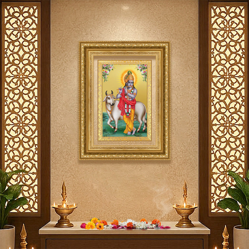 Diviniti 24K Gold Plated Krishna With Surbhi Cow (Classic) Divine Wall Frame for Home Mandir & Office Decor | Luxury Spiritual Gift