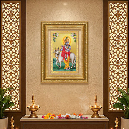 Diviniti 24K Gold Plated Krishna With Surbhi Cow (Classic) Divine Wall Frame for Home Mandir & Office Decor | Luxury Spiritual Gift