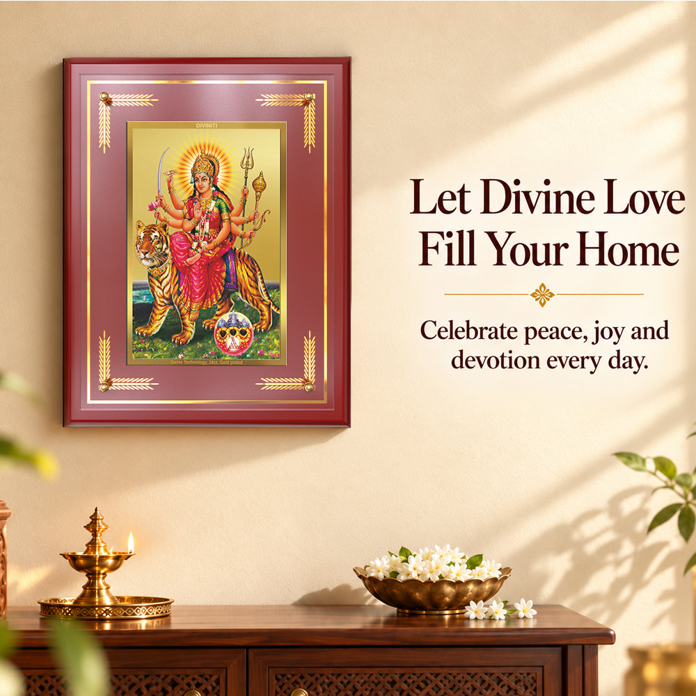 24K Gold-Plated Sherawali Mata with Pindi MDF Frame | Premium Gift Box | 27x35 CM
