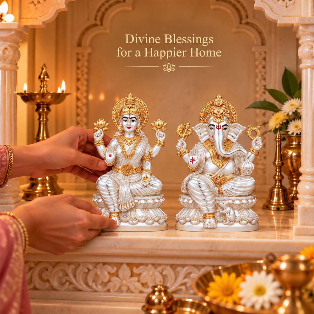 999 Silver-Plated Dual-Tone Lakshmi Ganesha Idol | Premium Gift Box | 9x12CM