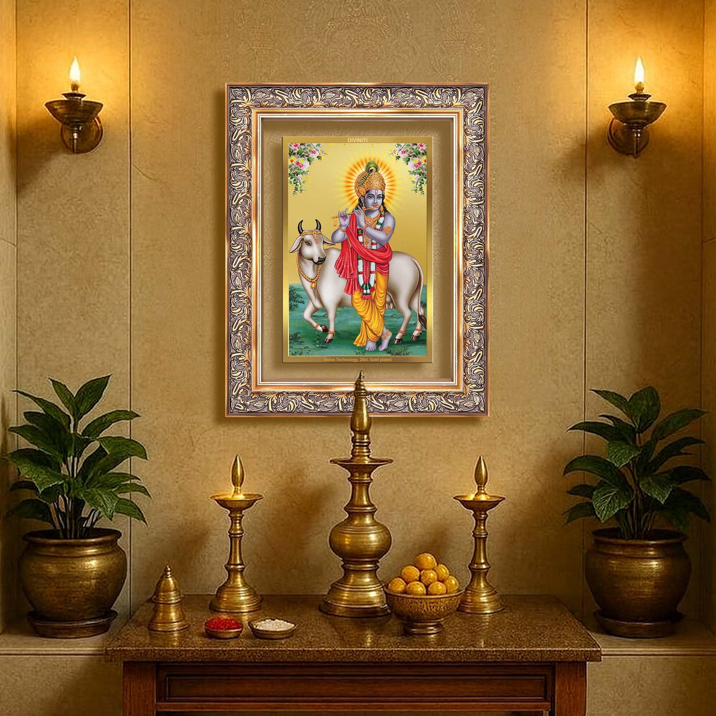 Diviniti 24K Gold Plated Krishna With Surbhi Cow (Classic) Divine Wall Frame for Home Mandir & Office Decor | Luxury Spiritual Gift