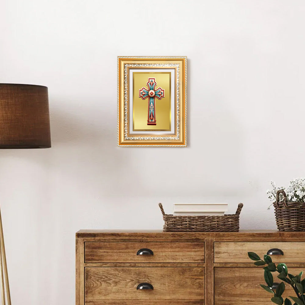 Diviniti 24K Gold Plated Holy Cross (Classic) Divine Wall Frame for Home Mandir & Office Decor | Luxury Spiritual Gift
