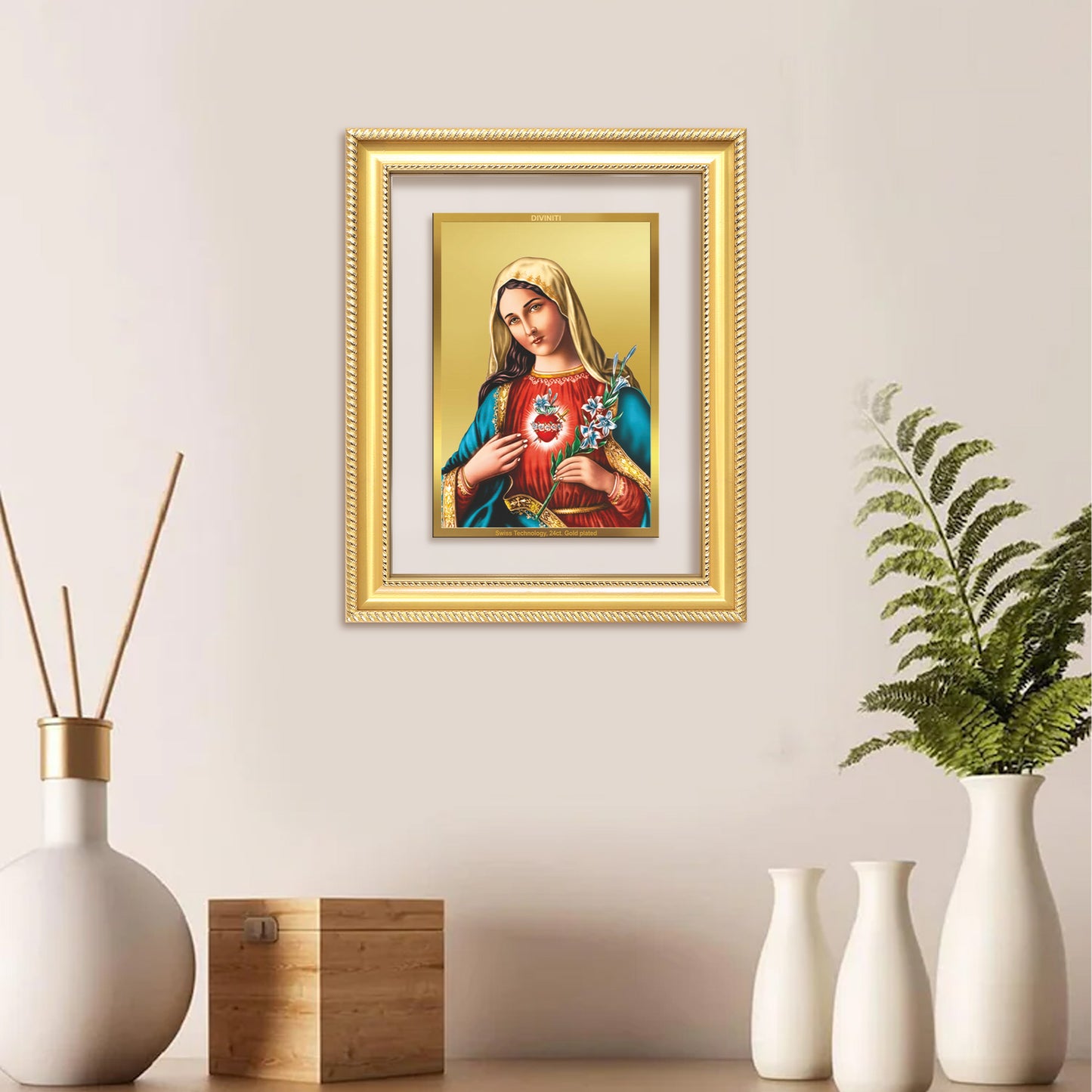 Diviniti 24K Gold Plated Mother Mary (Classic) Divine Wall Frame for Home Mandir & Office Decor | Luxury Spiritual Gift