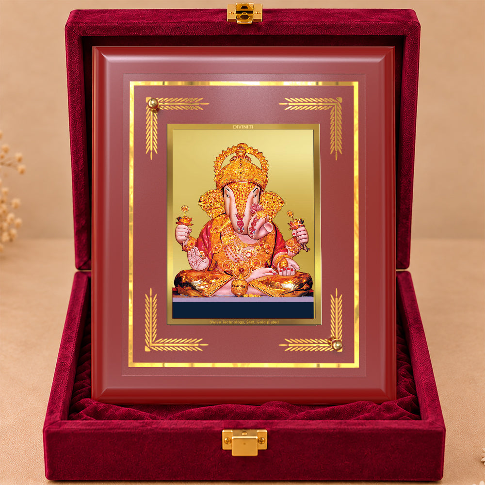 24K Gold-Plated Dagadu Ganesha MDF Frame | Premium Gift Box | 13.5x16 CM