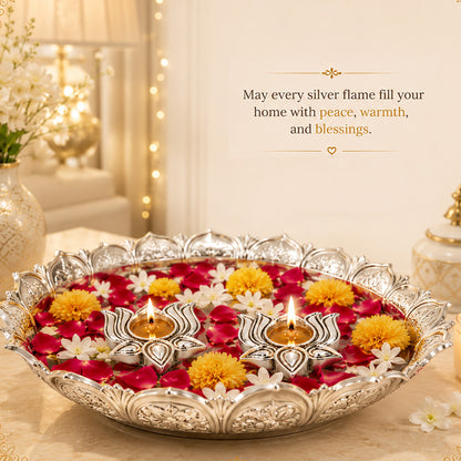 Diviniti 999 Silver Plated Lotus Diya Set of 2 with Luxury Gift Box | Antique Finish Home & Festive Décor