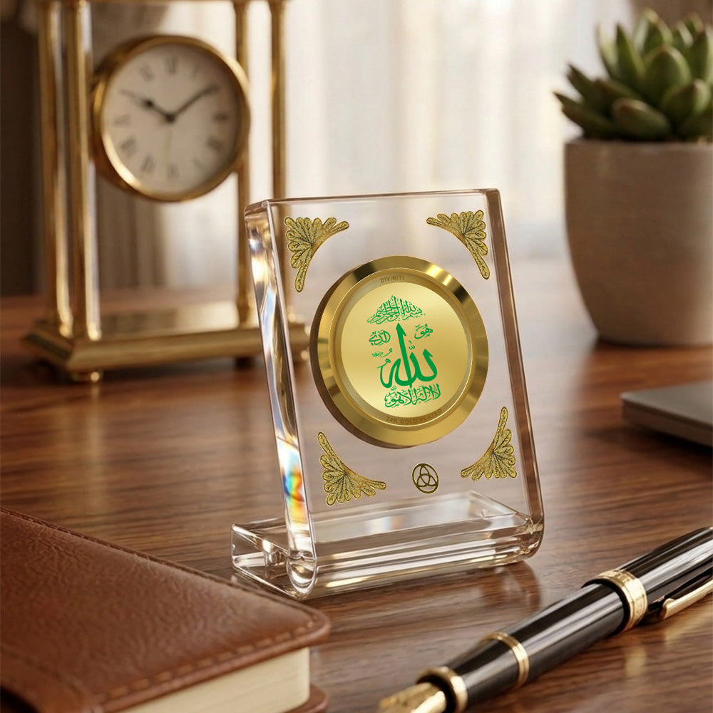 Diviniti 24K gold plated Allah acrylic frame on a wooden desk, symbolizing peace and spiritual harmony.
