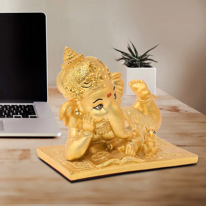 Diviniti 24K Gold Polished Ganesha Idol | Exquisite Divine Statue for Home Decor, Office Table Top, Pooja Room & Gift (12X14CM)