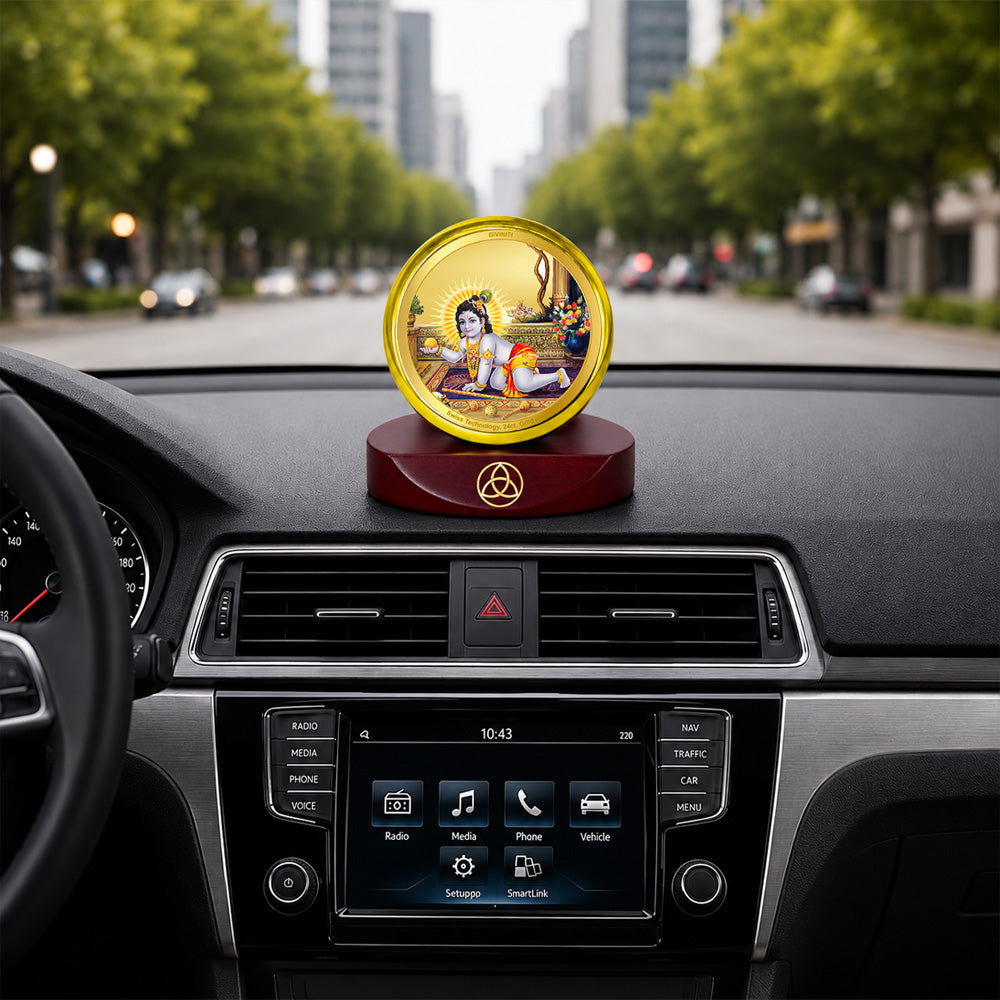 24K Gold-Plated Laddu Gopal Car Dashboard Frame | 5x5 CM
