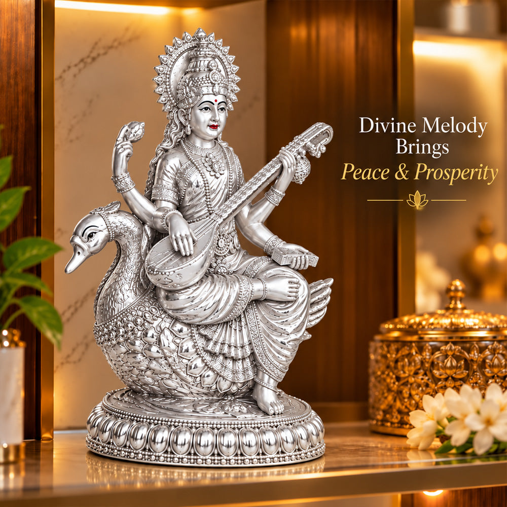 999 Silver-Plated Goddess Saraswati Idol | Premium Gift Box | 21x18 CM