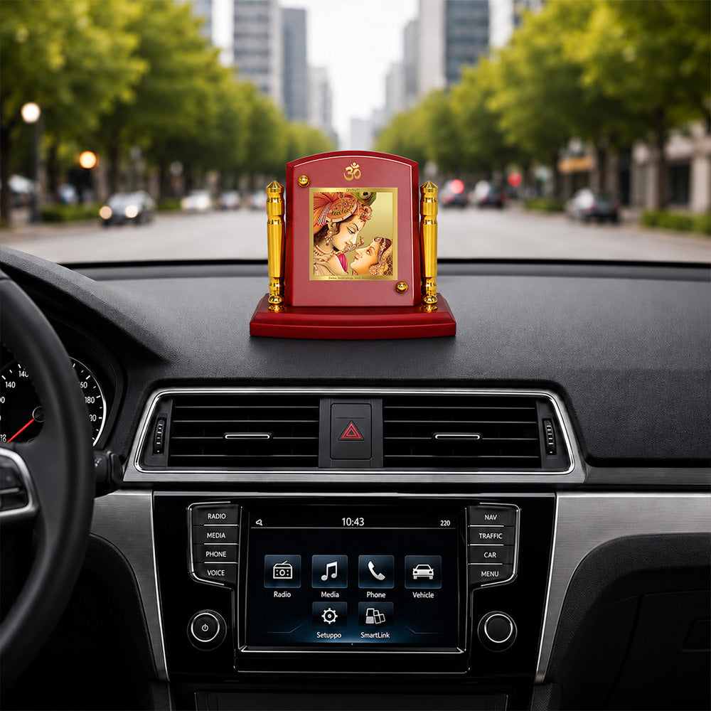 24K Gold-Plated Radha Krishna MDF Car Dashboard Frame | 7.5x9 CM
