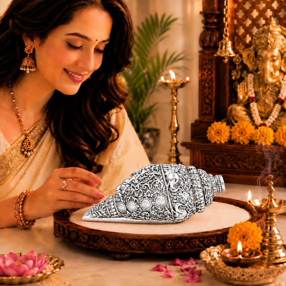 999 Silver-Plated Ganesha Shankh | Premium Gift Box | 12x6 CM