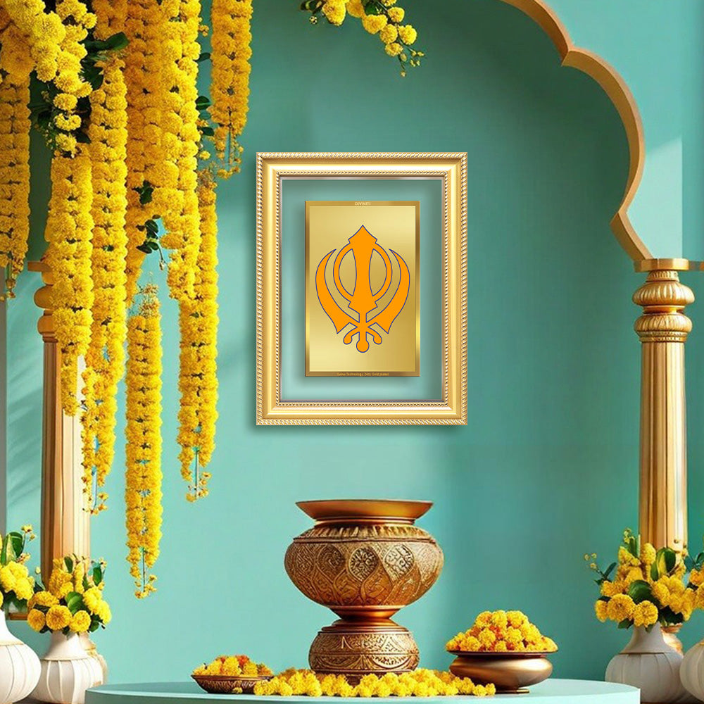 Diviniti 24K Gold Plated Khanda Sahib (Classic) Divine Wall Frame for Home Mandir & Office Decor | Luxury Spiritual Gift