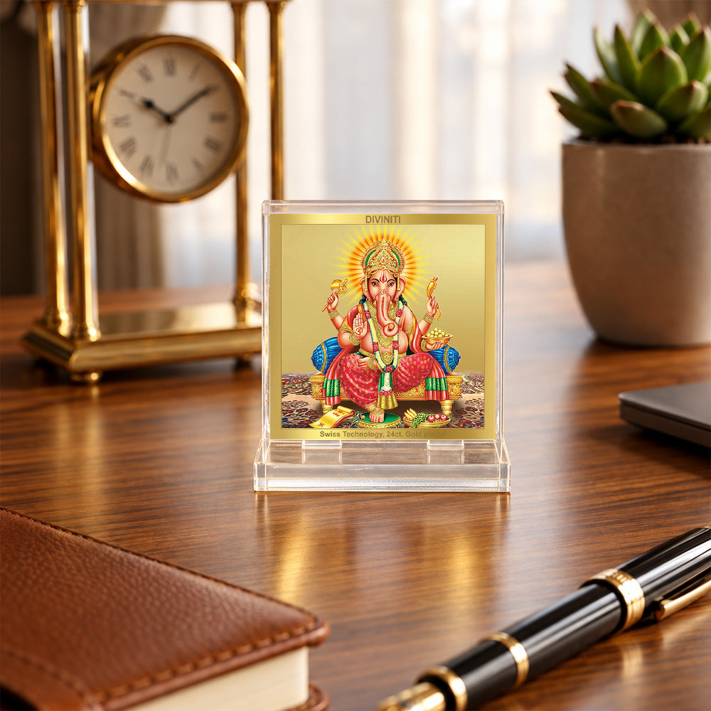 24K Gold-Plated Lord Ganesha Acrylic Car Dashboard Frame | 6x5 CM