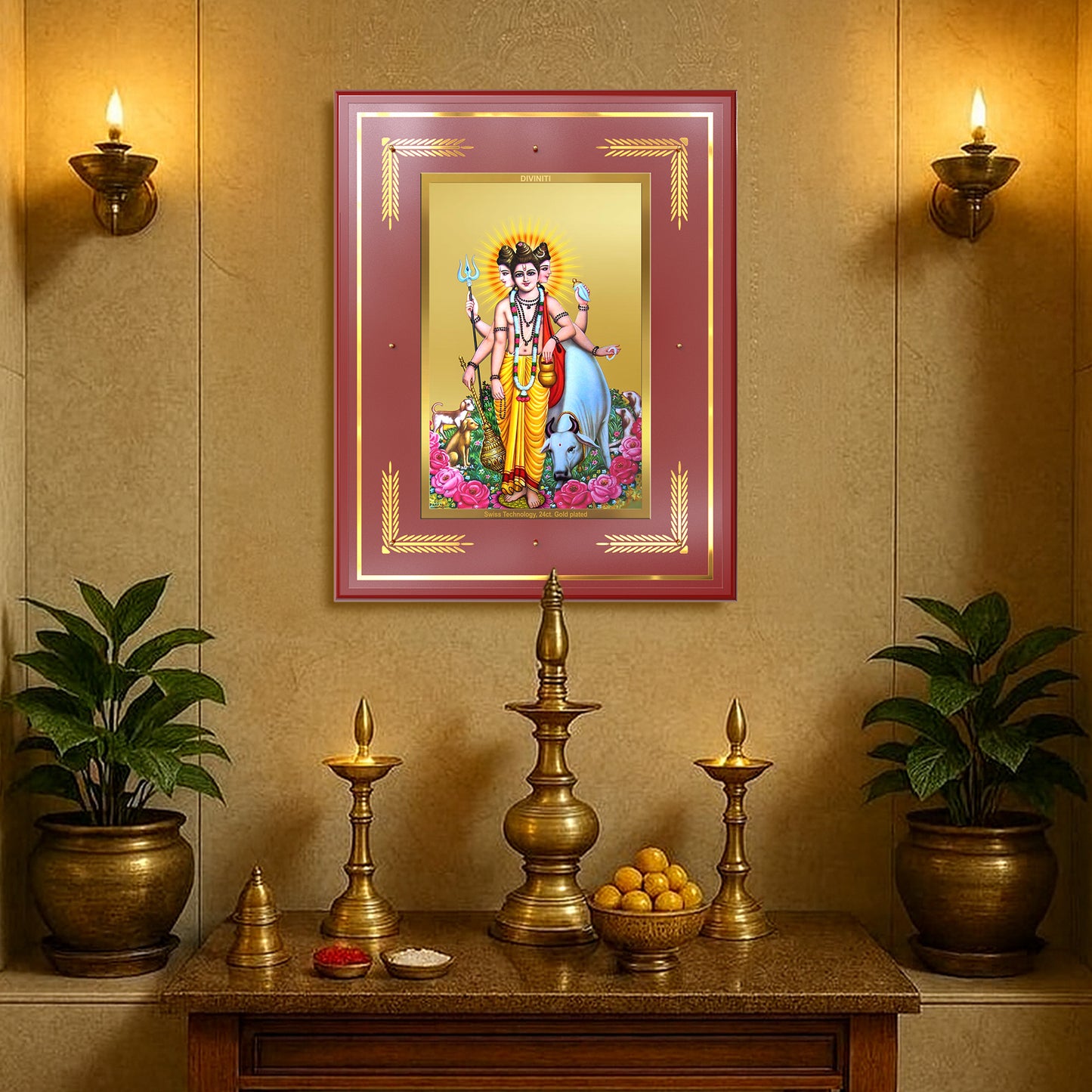 Dattatreya with Kamadhenu | Shri Dattatreya Wall Mount Photo Frame in 24K Gold Plated Foil