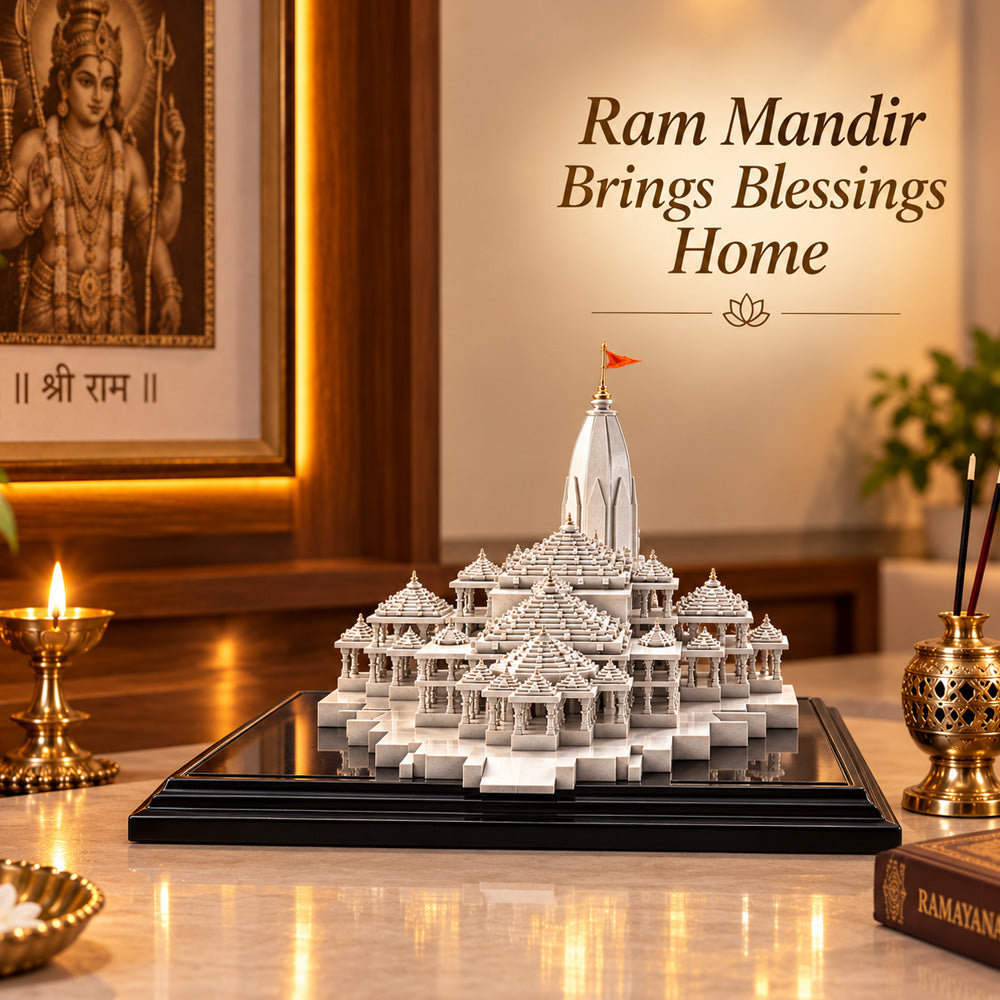 999 Silver-Plated Ram Mandir Showpiece | Premium Gift Box | 7x14 CM