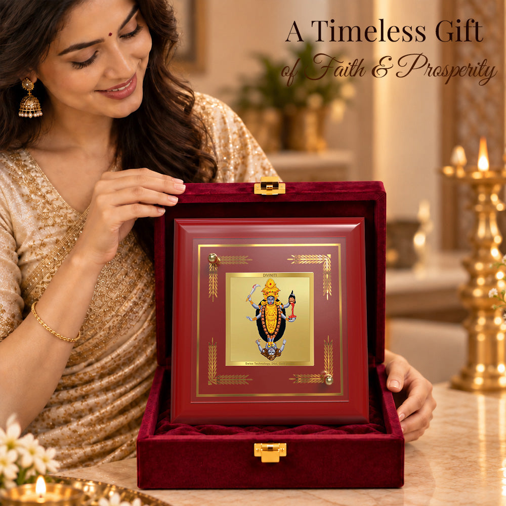 24K Gold-Plated Maa Kali MDF Frame | Premium Gift Box | 10x10 CM