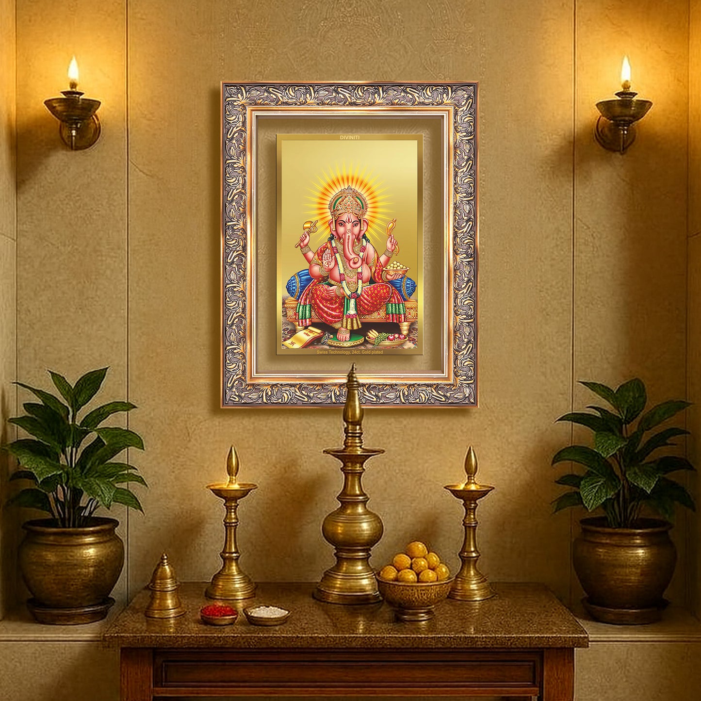 Diviniti 24K Gold Plated Ganesha (Classic) Divine Wall Frame for Home Mandir & Office Decor | Luxury Spiritual Gift
