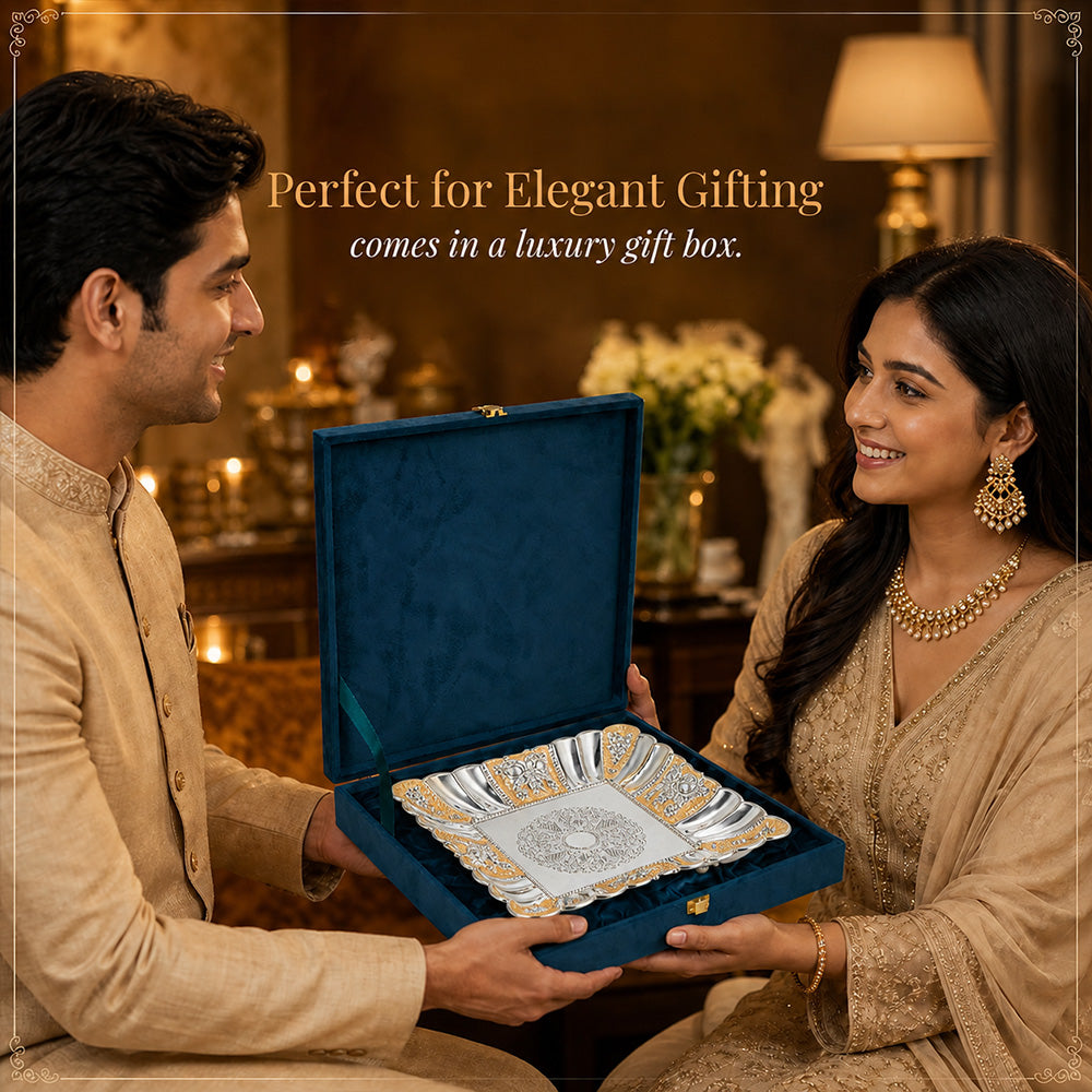 Diviniti Gold Accent German Silver Decorative Platter presented in luxury gift box for elegant gifting.